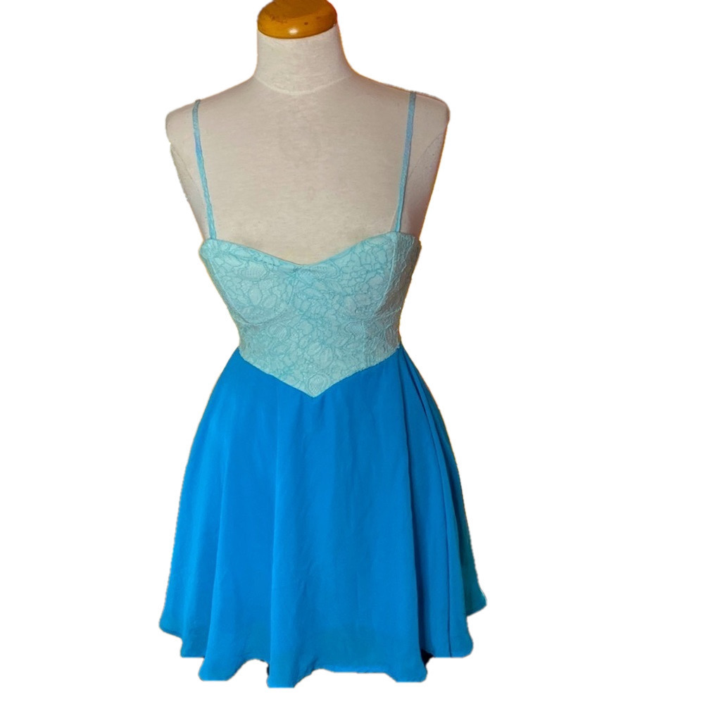 🎀🍒 Blue Green Lace Colourblock Contrast A Line Dress 🍒🎀 Pearl Ruffle Trim Straps - Picture 13 of 13